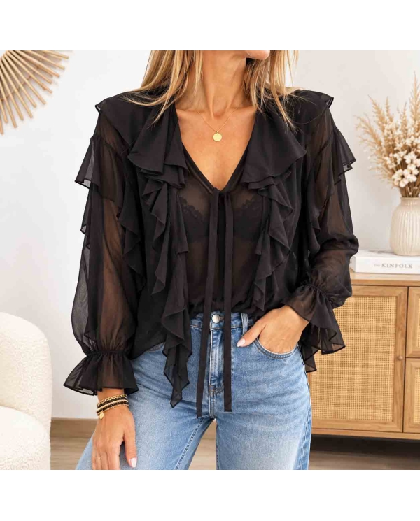 Blouse noire femme Lolita en voile semi-transparent à volants