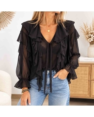 Blouse noire femme Lolita en voile semi-transparent à volants