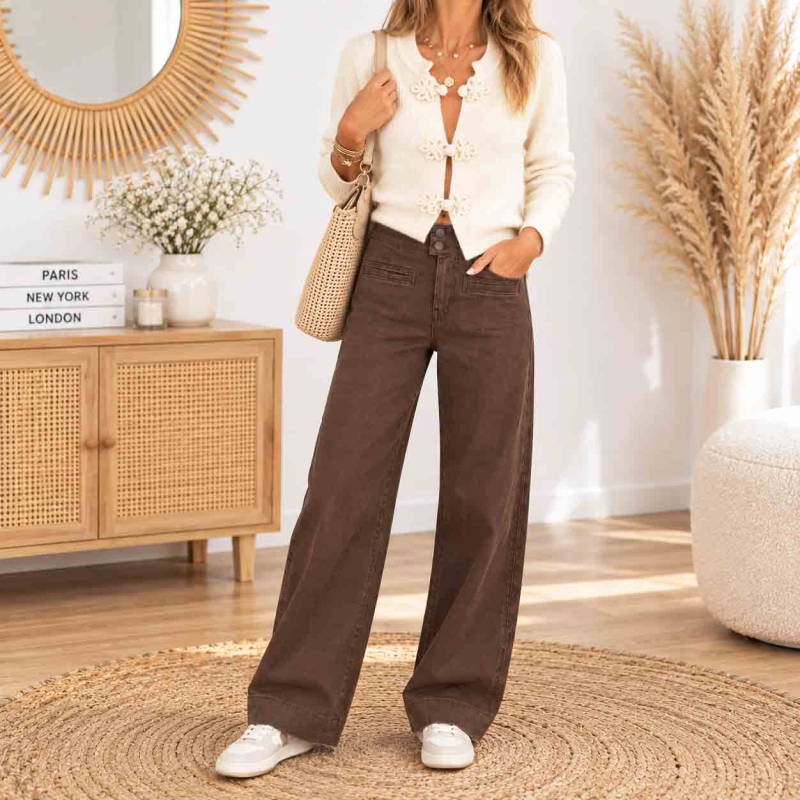 Jean chocolat Tiffosi Olivia femme coupe droite large porté