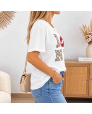 T-shirt NY femme à strass rouges et imprimé léopard
