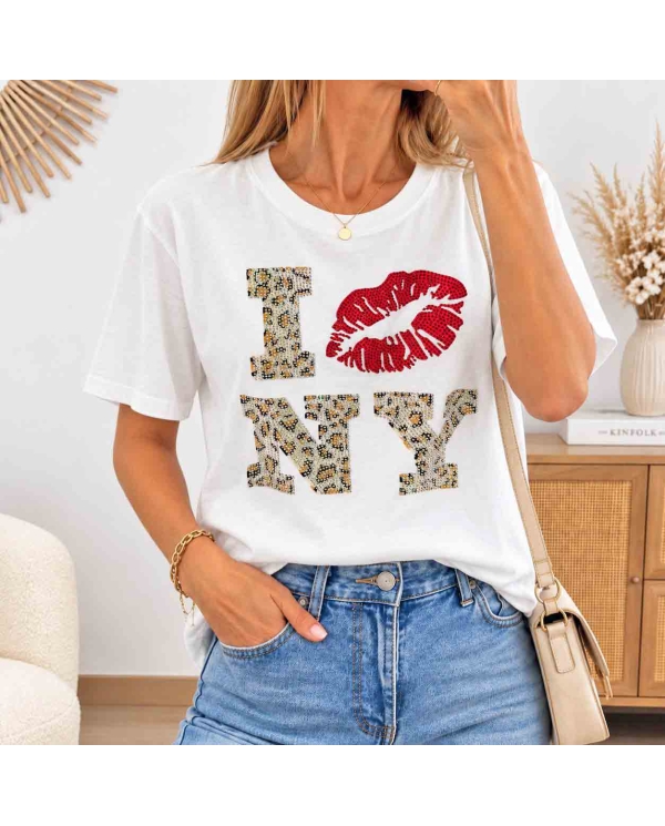 T-shirt blanc femme NY strass et motif léopard vue de face