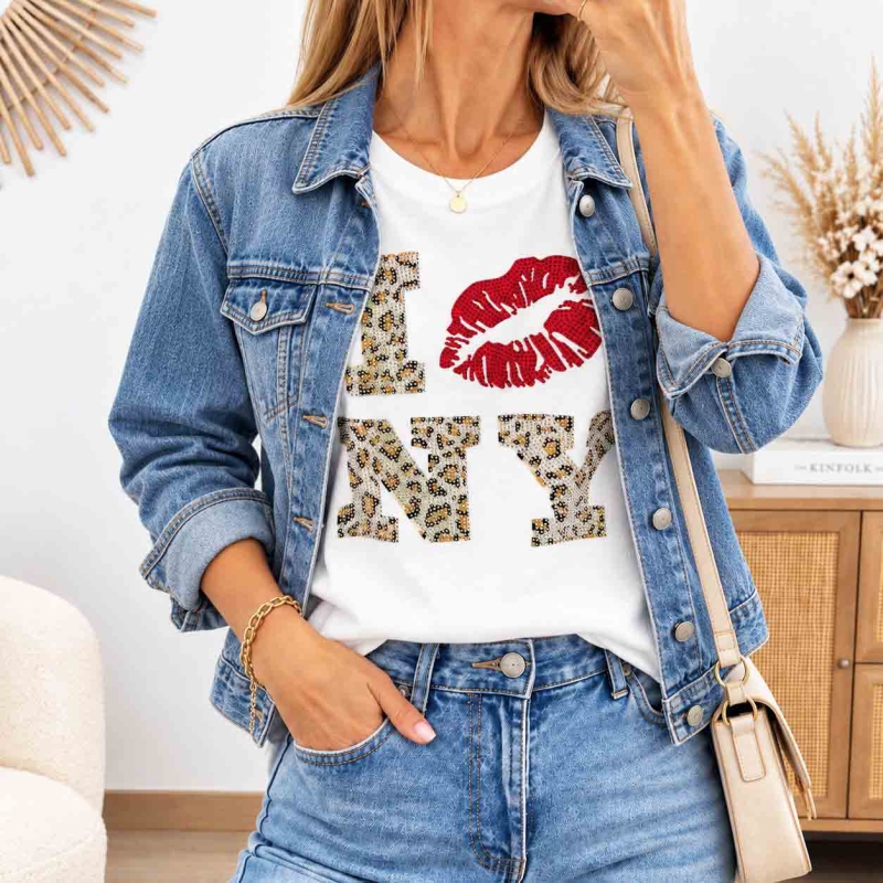 T-shirt blanc femme strass porté avec veste en jean
