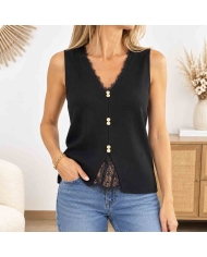 Top Marjolaine noir femme dentelle et boutons dorés vue de face