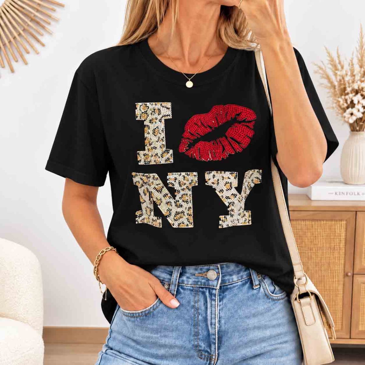 T-shirt noir femme NY strass et motif léopard vue de face