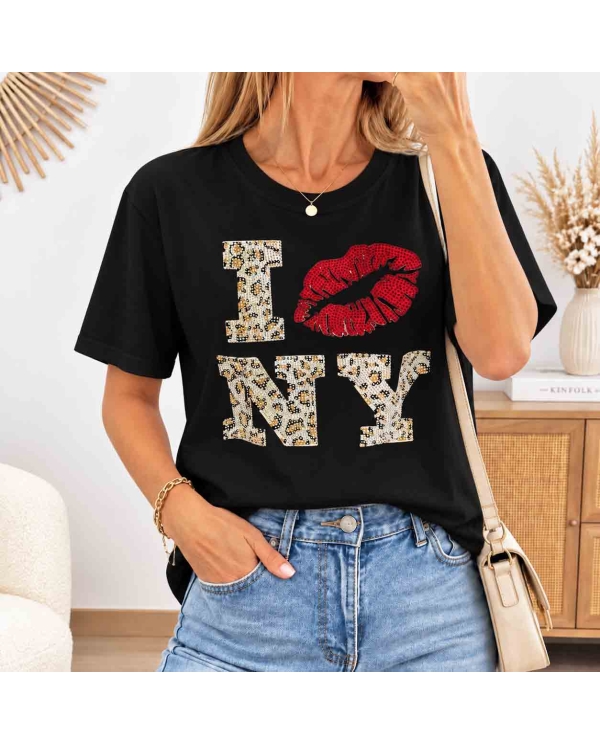 T-shirt noir femme NY strass et motif léopard vue de face
