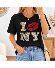 T-shirt noir femme NY strass et motif léopard vue de face