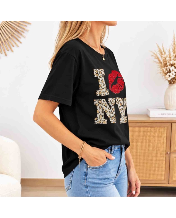 T-shirt noir femme coupe droite à strass vue de profil