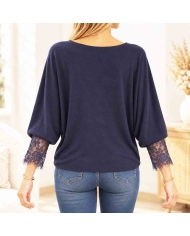Pull Élise femme en viscose bleu marine finition voile dentelle