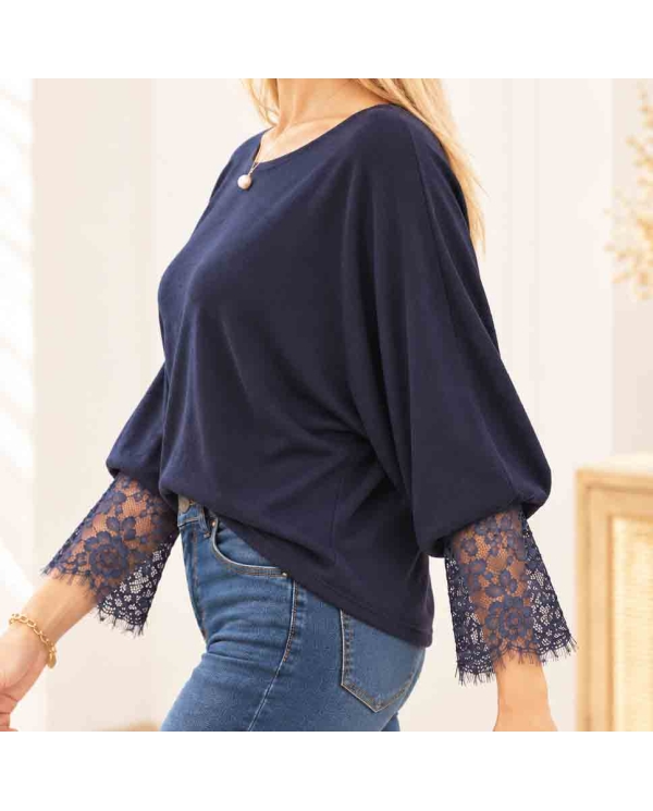 Pull Élise bleu marine femme manches chauve-souris vue de profil