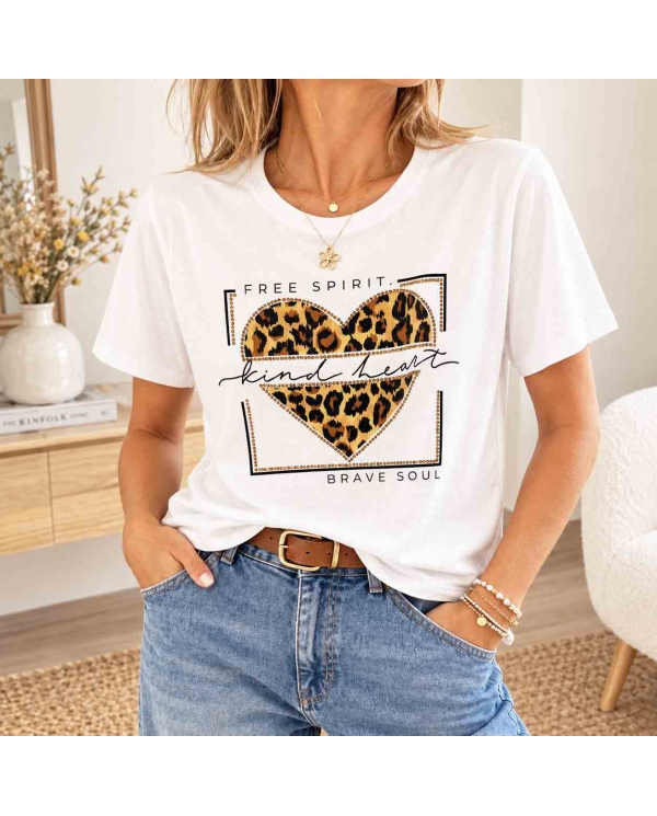 T-shirt Free Spirit blanc femme cœur léopard et strass vue de face