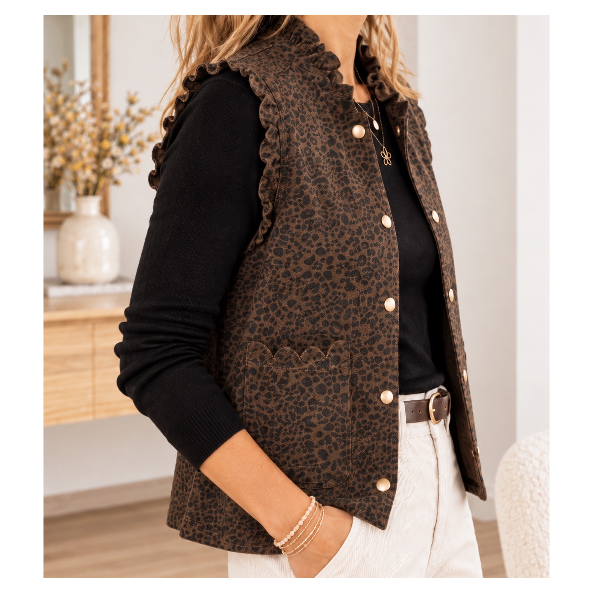 Veste léopard chocolat femme boutons pression dorés et poches