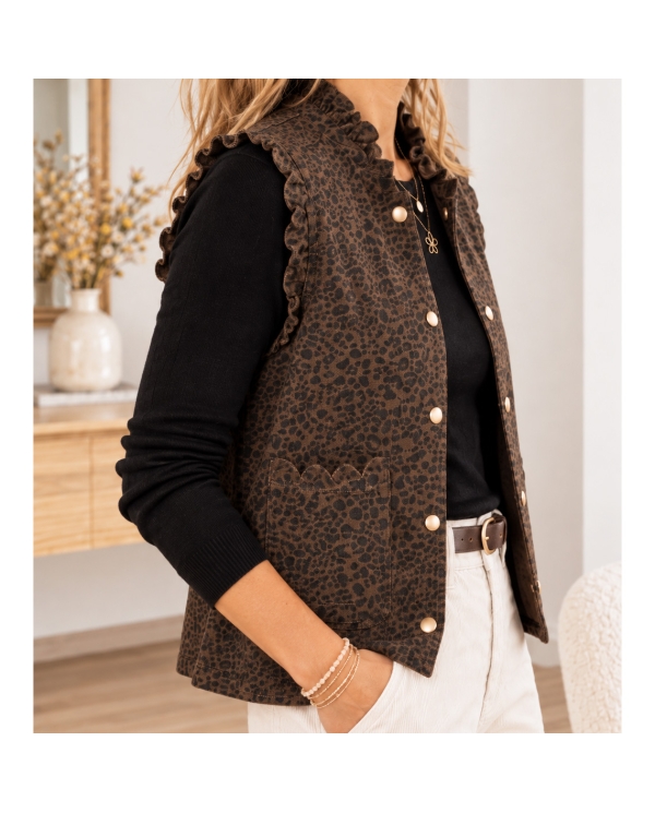 Veste léopard chocolat femme boutons pression dorés et poches