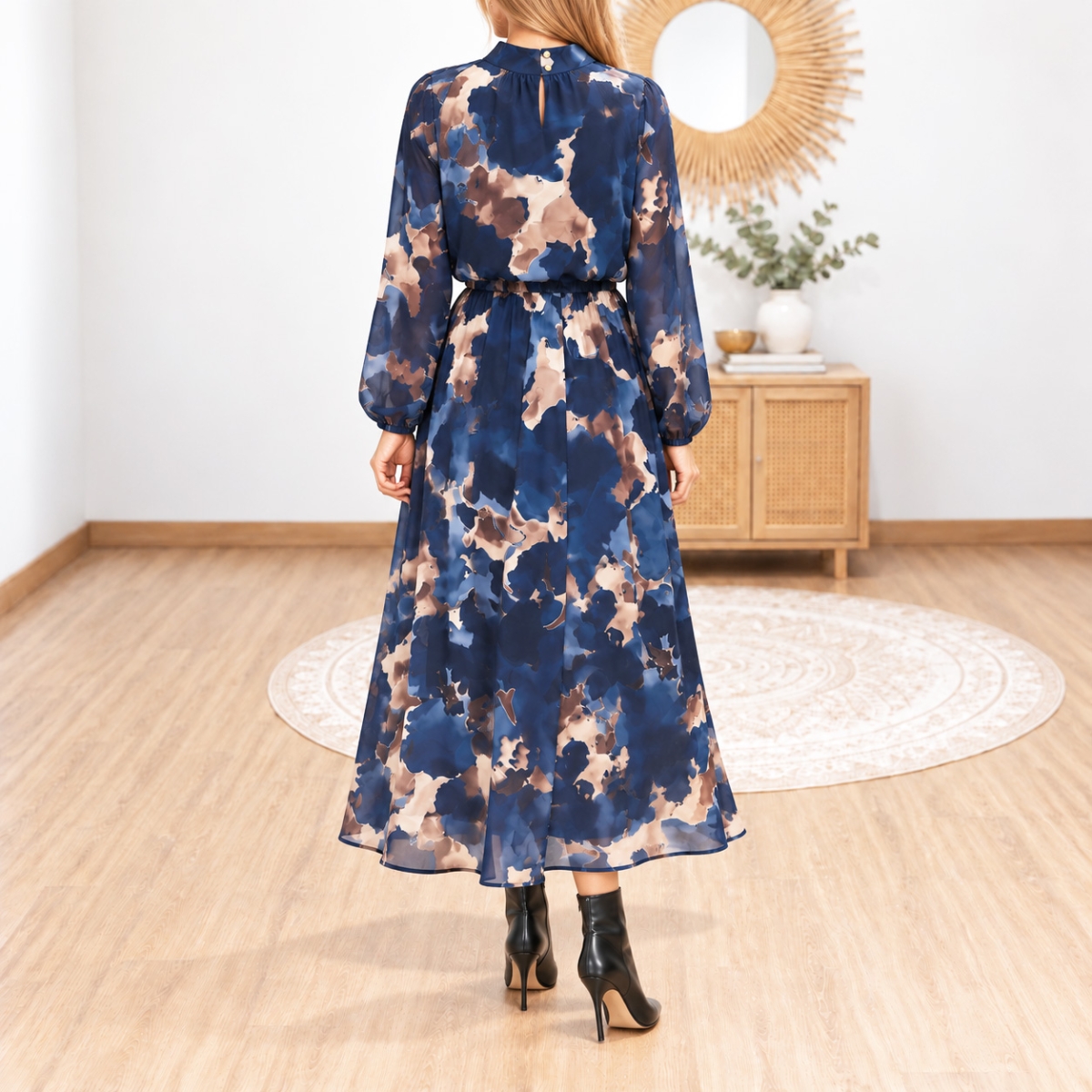 Robe Élia bleu marine manches longues en voile vue de dos