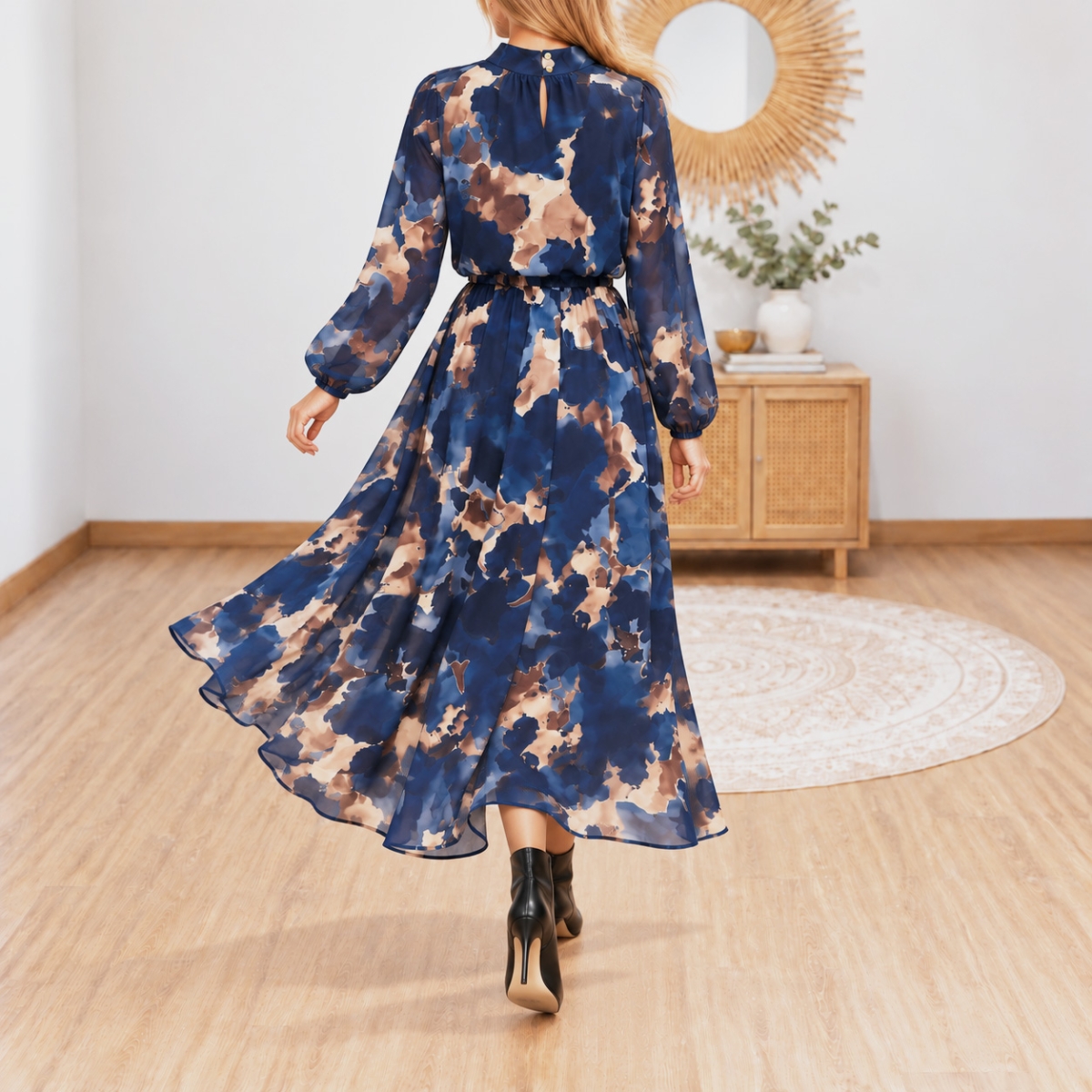 Robe longue Élia femme taille élastiquée col fermé deux boutons