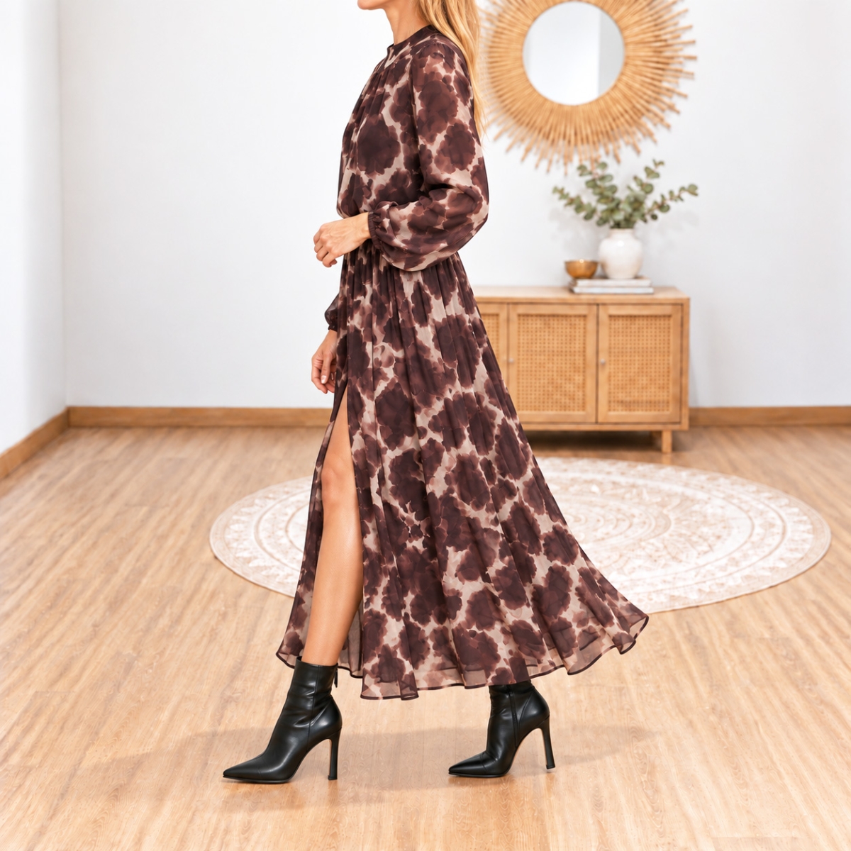 Robe Maëlya femme longue fluide imprimée chocolat et beige