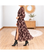 Robe Maëlya femme longue fluide imprimée chocolat et beige