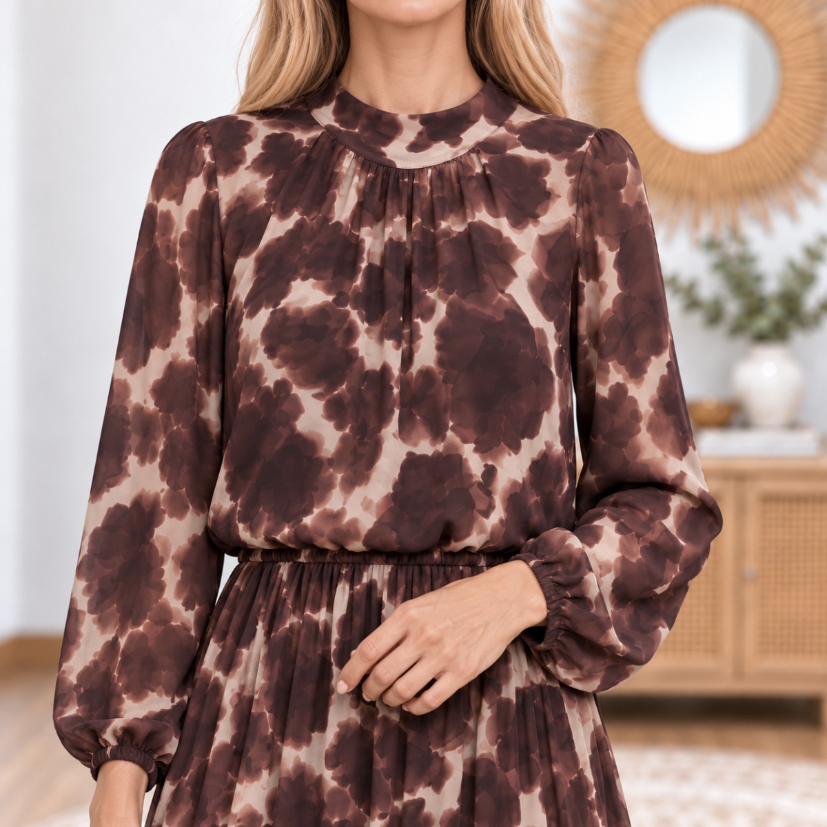 Robe longue Maëlya chocolat beige imprimé aquarelle femme