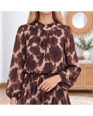 Robe longue Maëlya chocolat beige imprimé aquarelle femme