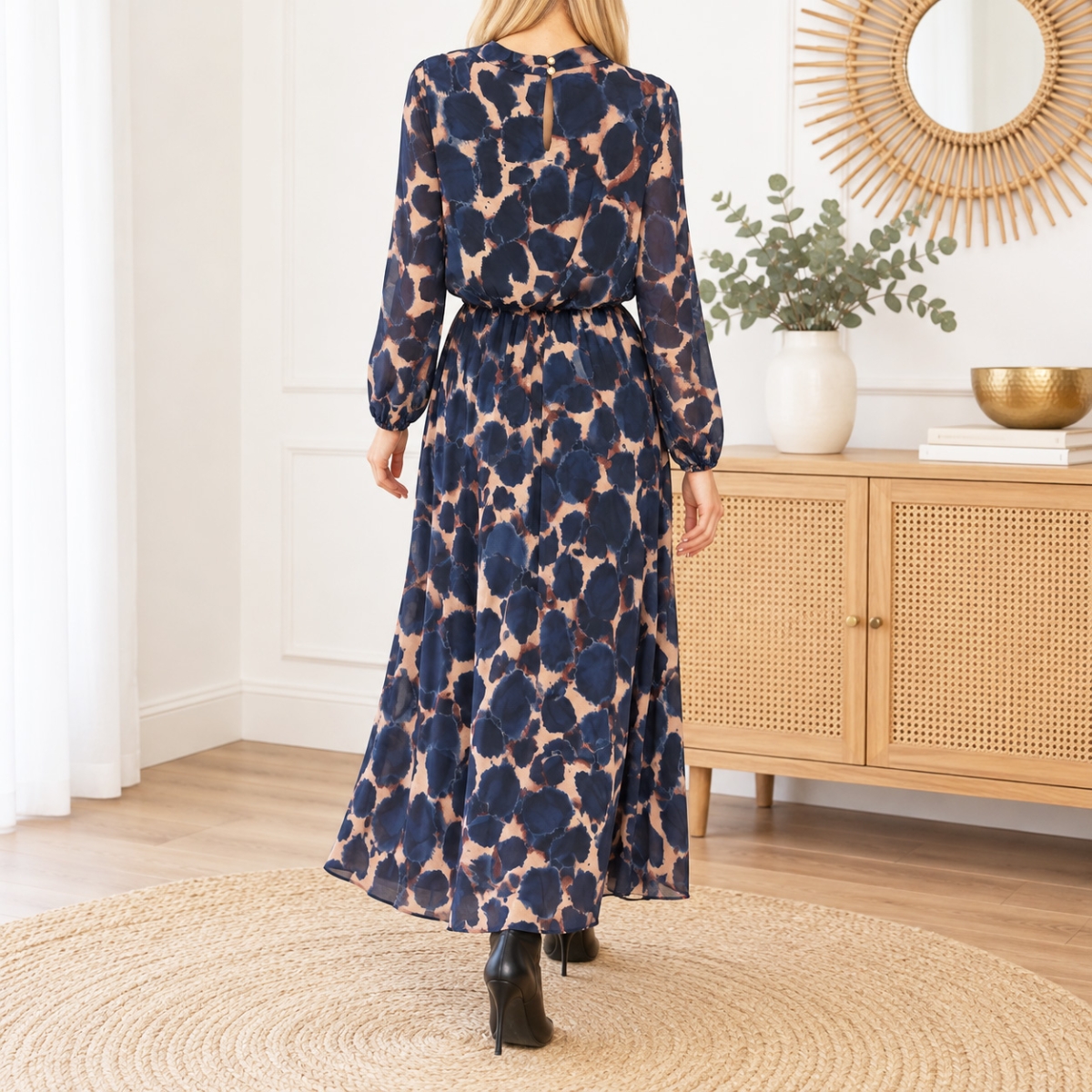 Robe Maya en voile manches longues bleu marine beige camel