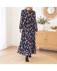 Robe Maya en voile manches longues bleu marine beige camel
