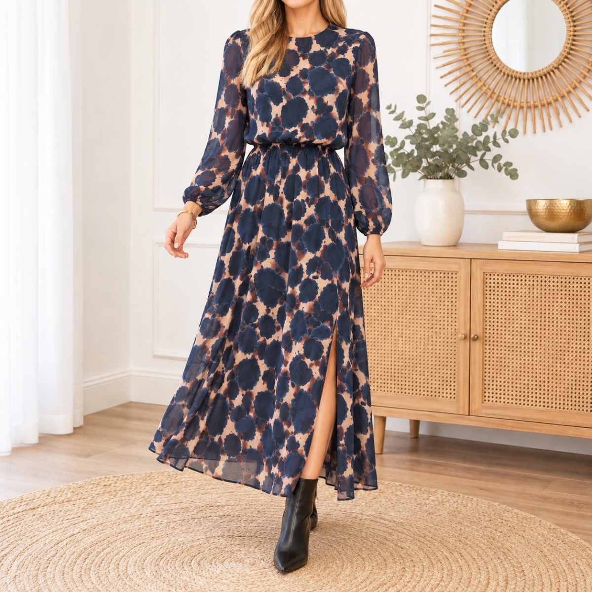 Robe longue Maya bleu marine camel beige en voile 36-42