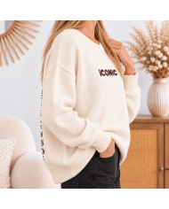 Pull femme Nélia écru ICONIC à inscriptions devant et dos – Taille unique