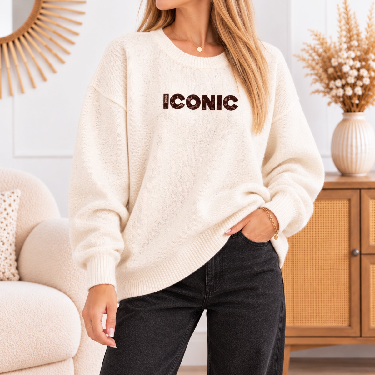 Pull femme Nélia écru ICONIC avec inscription marron chocolat sur la poitrine, col rond et manches longues