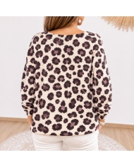 Pull femme Naïa léopard écru et chocolat à col V – Taille unique